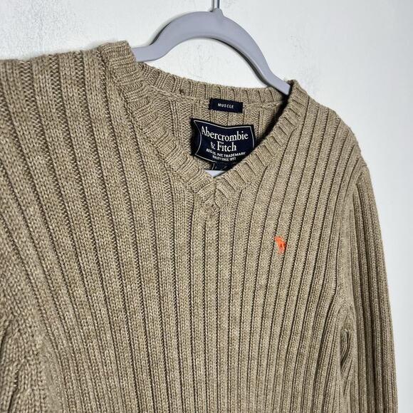 Abercrombie And Fitch Sweater Mens XL Tan Ribbed Knit Muscle Pullover Preppy Y2K - Picture 8 of 12